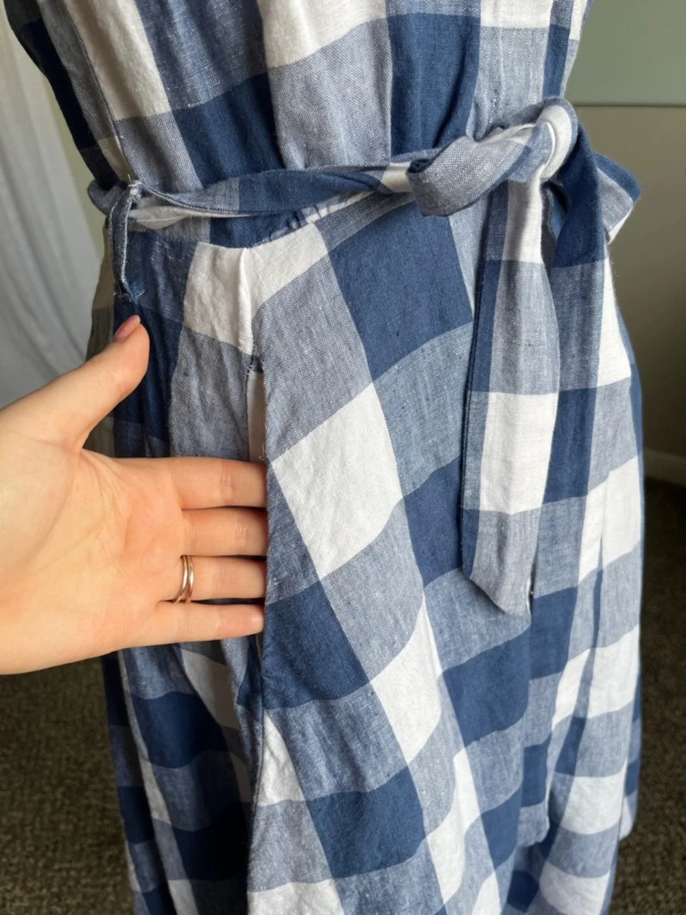 100% Linen Navy Blue White Gingham Midi Dress Button Front with Pockets Size 4 - Picture 4 of 8